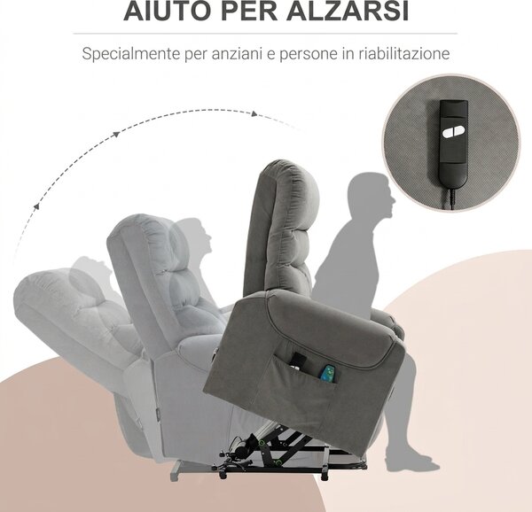HOMCOM Poltrona Reclinabile Massaggiante con Telecomando, in Poliestere e Metallo, 79x97x103 cm, Grigio