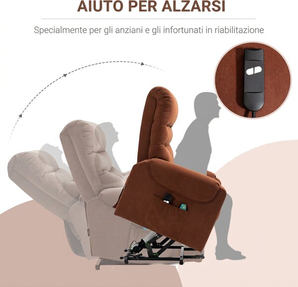 HOMCOM Poltrona Massaggiante con Assistenza per Alzarsi in piedi e Telecomando, in Poliestere e Metallo, 79x97x103 cm, Marrone