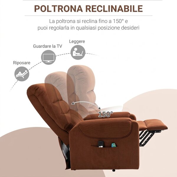 HOMCOM Poltrona Massaggiante con Assistenza per Alzarsi in piedi e Telecomando, in Poliestere e Metallo, 79x97x103 cm, Marrone