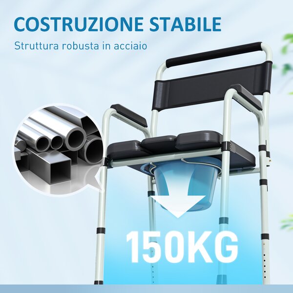 HOMCOM Sedia WC Pieghevole e Regolabile con Braccioli e Schienale, in Acciaio e Pelle PU, 52.5x46x81.5-97 cm, Nero