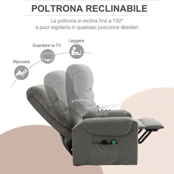 HOMCOM Poltrona Reclinabile Massaggiante con Telecomando, in Poliestere e Metallo, 79x97x103 cm, Grigio