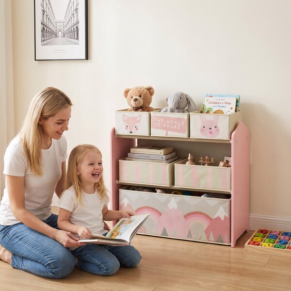 ZONEKIZ Scaffale Portagiochi per Bambini con 6 Contenitori Rimovibili in Tessuto, 63x30x66cm, Rosa|Aosom
