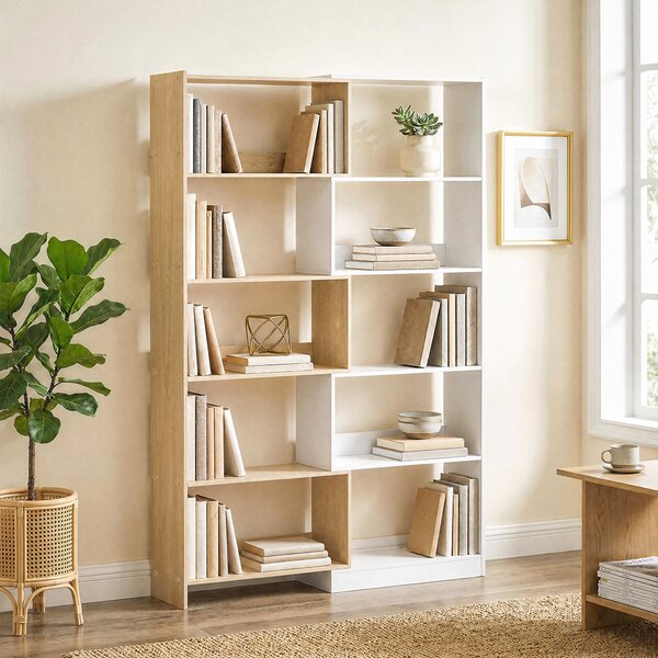 HOMCOM Libreria Angolare, Scaffale 5 Ripiani, Design Rotante 350°, Legno Fruttato/Bianco | Aosom Italy