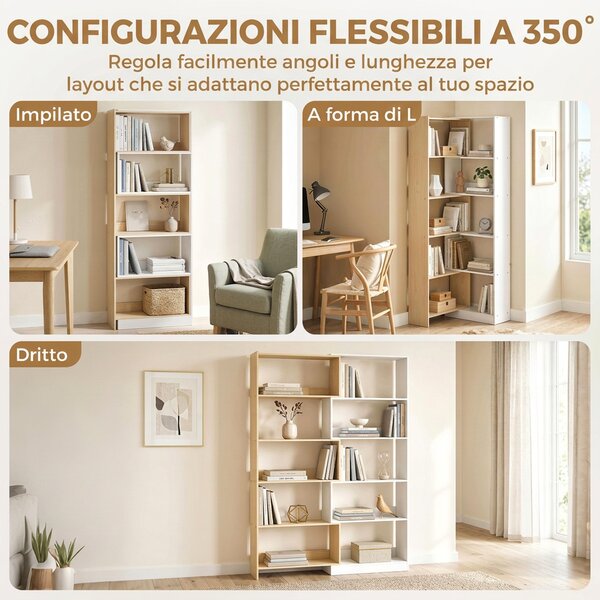 HOMCOM Libreria Angolare, Scaffale 5 Ripiani, Design Rotante 350°, Legno Fruttato/Bianco | Aosom Italy