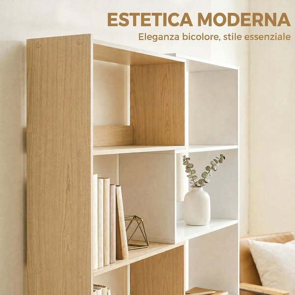 HOMCOM Libreria Angolare, Scaffale 5 Ripiani, Design Rotante 350°, Legno Fruttato/Bianco | Aosom Italy