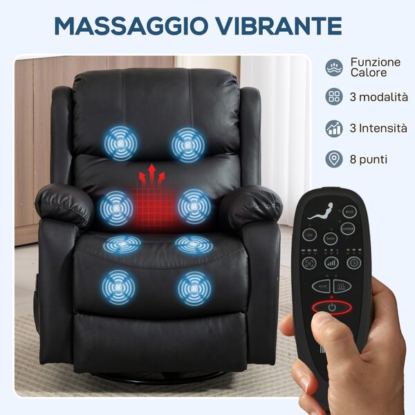HOMCOM Poltrona Relax Reclinabile con 8 Punti Massaggianti, Riscaldanti e Poggiapiedi, 87x97X100 cm, Nero | Aosom Italy