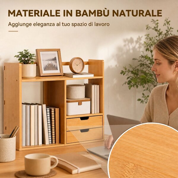 HOMCOM Organizer da scrivania reversibile in bambù con 2 cassetti e ripiani | Aosom Italy