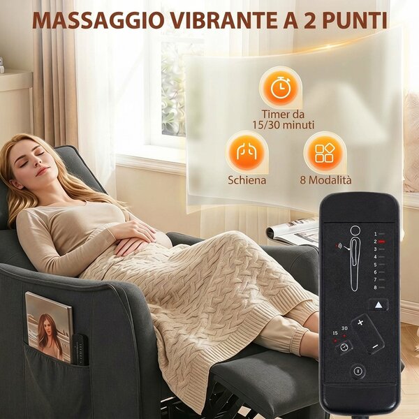 HOMCOM Poltrona Massaggiante Reclinabile Manuale in Tessuto Effetto Lino con Telecomando, Grigio Scuro | Aosom Italy