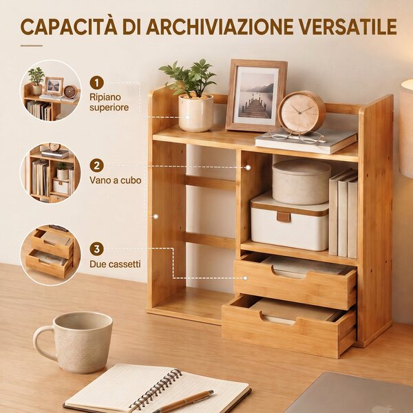 HOMCOM Organizer da scrivania reversibile in bambù con 2 cassetti e ripiani | Aosom Italy