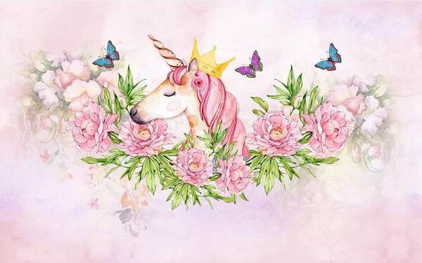 Carta da parati Unicorno con corona e fiori, Carta da parati per Bambini, Carta da parati popolare, u27857 - Tapeko.it