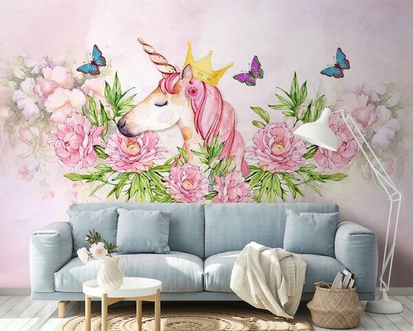 Carta da parati Unicorno con corona e fiori, Carta da parati per Bambini, Carta da parati popolare, u27857 - Tapeko.it