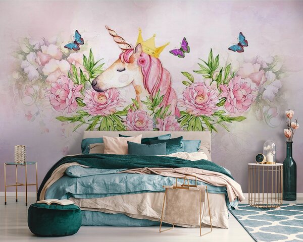 Carta da parati Unicorno con corona e fiori, Carta da parati per Bambini, Carta da parati popolare, u27857 - Tapeko.it