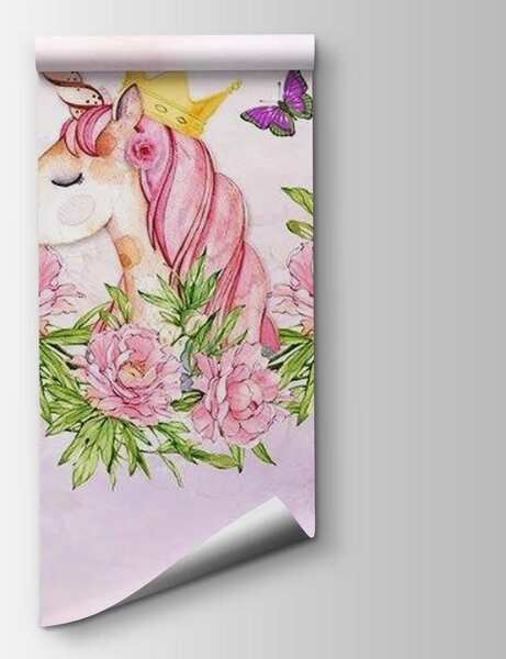 Carta da parati Unicorno con corona e fiori, Carta da parati per Bambini, Carta da parati popolare, u27857 - Tapeko.it