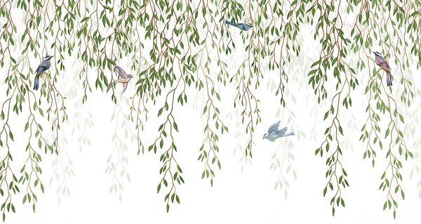 Carta da parati Uccelli sul ramo di un albero, Carta da parati Floreale, Carta da parati popolare, u28344 - Tapeko.it