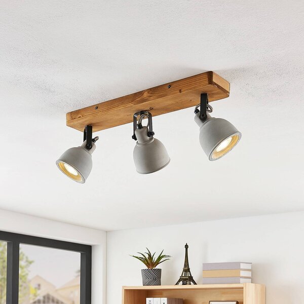 Lindby Spot Mitis, 50 cm, a 3 luci, grigio, legno, cemento, GU10 Mitis Lindby, dimmerabile, Legno chiaro, Soggiorno / Sala da pranzo, calcestruzzo / cemento, Industriale, Faretto