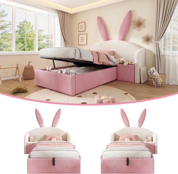 Letto a una piazza e mezza 90x200 cm, imbottito, nei colori beige e rosa, rivestito in velluto, con spazio contenitore idraulico e comodino, ideale per la camera da letto