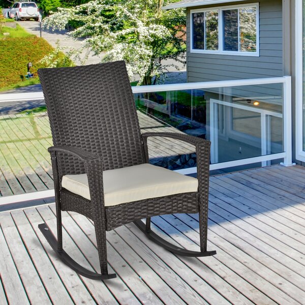 Outsunny Poltrona a Dondolo con Cuscino d'Assise Sfoderabile, Effetto Rattan, in Resina Intrecciata, 66x88x98 cm, Marrone | Aosom Italy