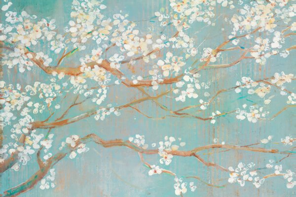 Carta da parati Pittura di un ramo d'albero con fiori bianchi, Carta da parati Floreale, Carta da parati popolare, u29224 - Tapeko.it