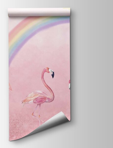 Carta da parati Gruppo di fenicotteri con arcobaleno, Carta da parati per Bambini, Carta da parati popolare, u29070 - Tapeko.it