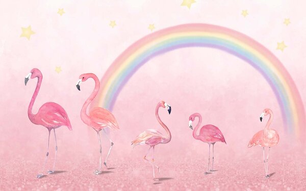 Carta da parati Gruppo di fenicotteri con arcobaleno, Carta da parati per Bambini, Carta da parati popolare, u29070 - Tapeko.it
