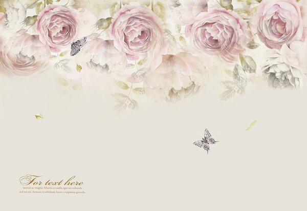 Carta da parati Rose rosa e farfalle, Carta da parati Floreale, Carta da parati popolare, u29042 - Tapeko.it
