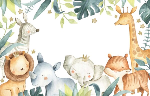 Carta da parati Cornice acquerellata di animali, Carta da parati per Bambini, Carta da parati popolare, u29226 - Tapeko.it