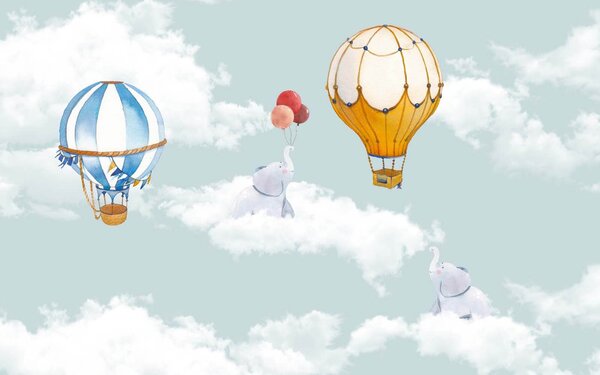Carta da parati Gruppo di elefanti in volo tra le nuvole, Carta da parati per Bambini, Carta da parati popolare, u29280 - Tapeko.it