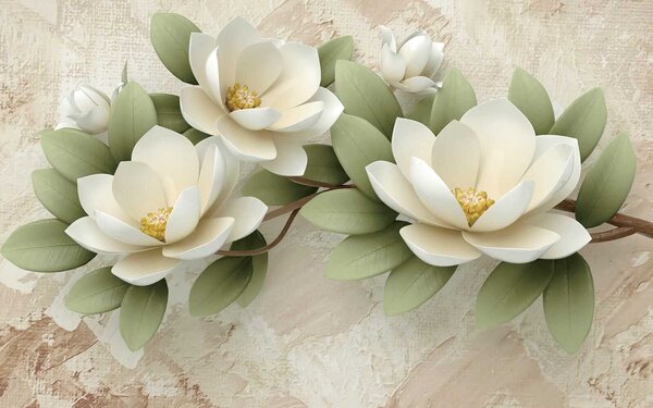 Carta da parati Gruppo di fiori bianchi con foglie verdi, Carta da parati 3d fiori, Carta da parati popolare, u30219 - Tapeko.it