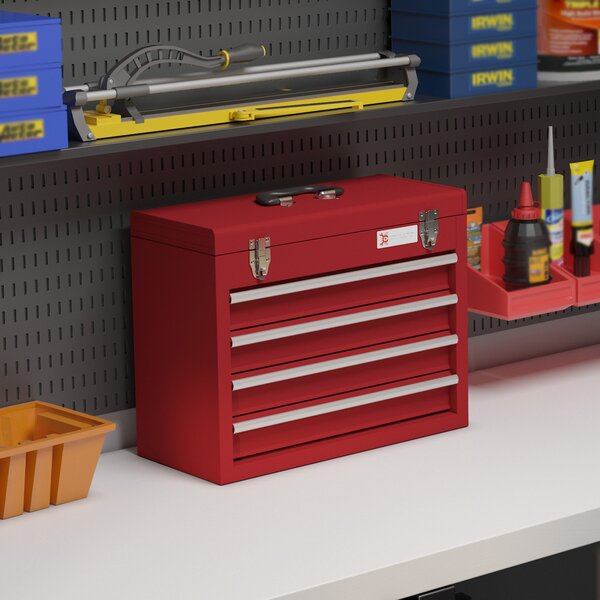 DURHAND Cassetta Porta Attrezzi in Acciaio con 4 Cassetti, Vassoio Superiore a Doppia Serratura, 51x22x39.5 cm, Rosso | Aosom Italy