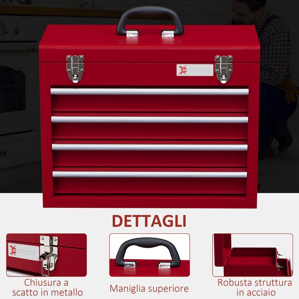 DURHAND Cassetta Porta Attrezzi in Acciaio con 4 Cassetti, Vassoio Superiore a Doppia Serratura, 51x22x39.5 cm, Rosso | Aosom Italy