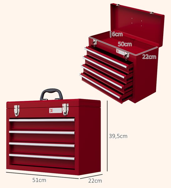 DURHAND Cassetta Porta Attrezzi in Acciaio con 4 Cassetti, Vassoio Superiore a Doppia Serratura, 51x22x39.5 cm, Rosso | Aosom Italy