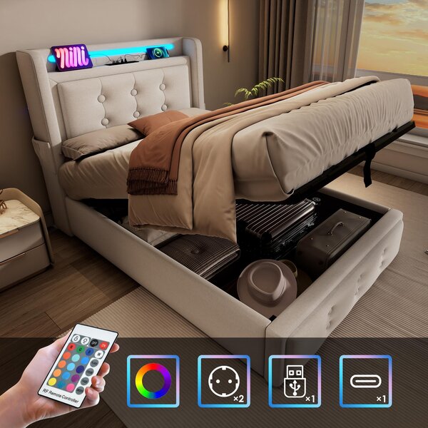 Letto imbottito 90x200 cm, color beige, in cotone, con spazio contenitore, testiera LED e funzione di ricarica USB-C, ideale per la camera da letto