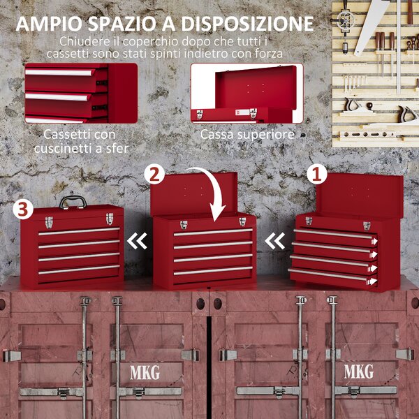 DURHAND Cassetta Porta Attrezzi in Acciaio con 4 Cassetti, Vassoio Superiore a Doppia Serratura, 51x22x39.5 cm, Rosso | Aosom Italy
