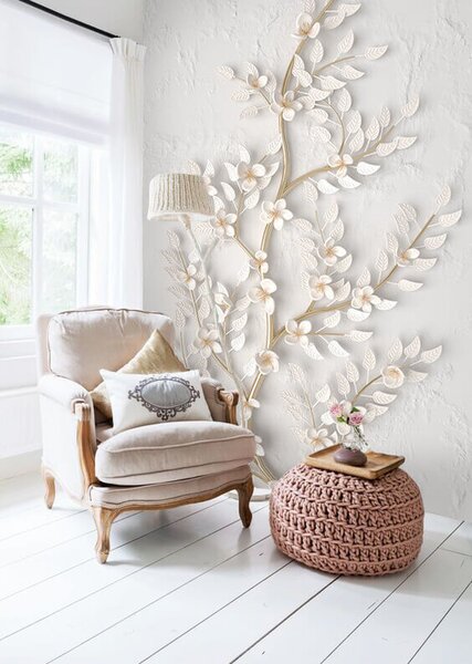 Carta da parati Elegante decorazione floreale in metallo su sfondo bianco, Carta da parati 3d fiori, Carta da parati popolare, u30618 - Tapeko.it