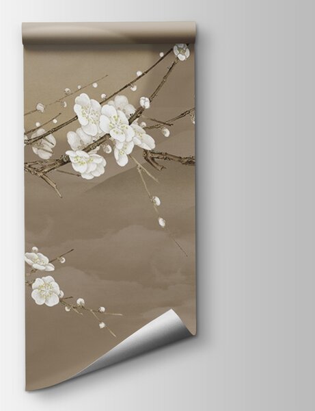 Carta da parati Ramo d'albero con fiori bianchi e un uccellino, Carta da parati 3d fiori, Carta da parati popolare, u30981 - Tapeko.it