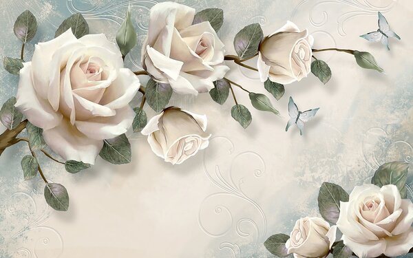 Carta da parati Rose delicate con morbide farfalle, Carta da parati Rose, Carta da parati popolare, u31353 - Tapeko.it