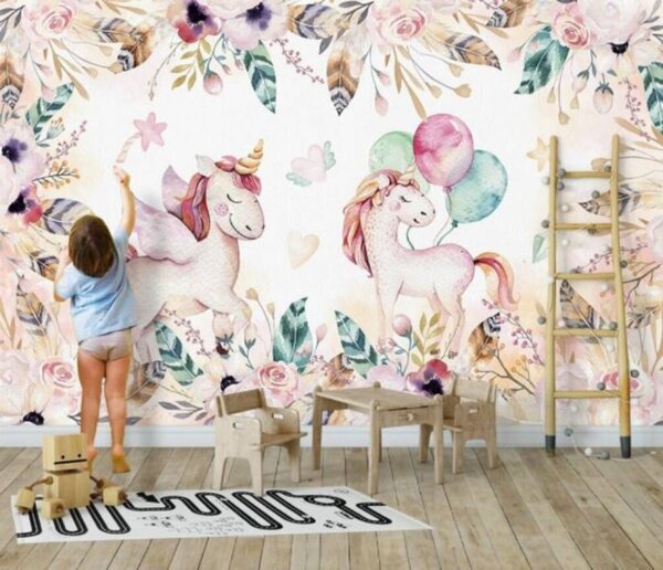 Carta da parati Unicorni e fiori, Carta da parati per Bambini, Carta da parati popolare, u32321 - Tapeko.it