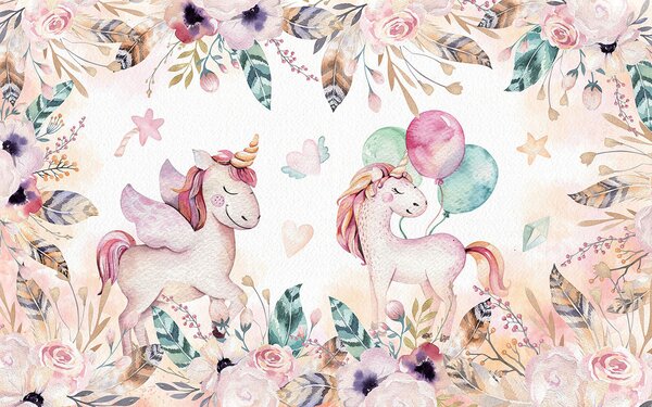 Carta da parati Unicorni e fiori, Carta da parati per Bambini, Carta da parati popolare, u32321 - Tapeko.it