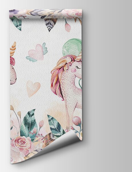 Carta da parati Unicorni e fiori, Carta da parati per Bambini, Carta da parati popolare, u32321 - Tapeko.it