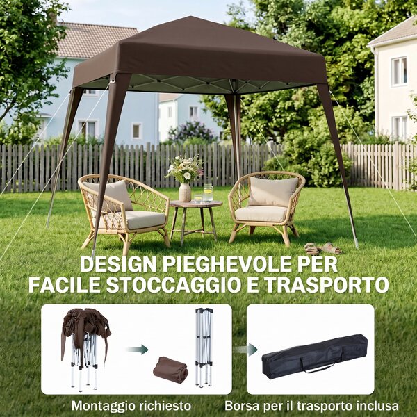 Outsunny Gazebo Pieghevole da Giardino 2.4x2.4m con Struttura in Acciaio e Corde Antivento, Caffè|Aosom