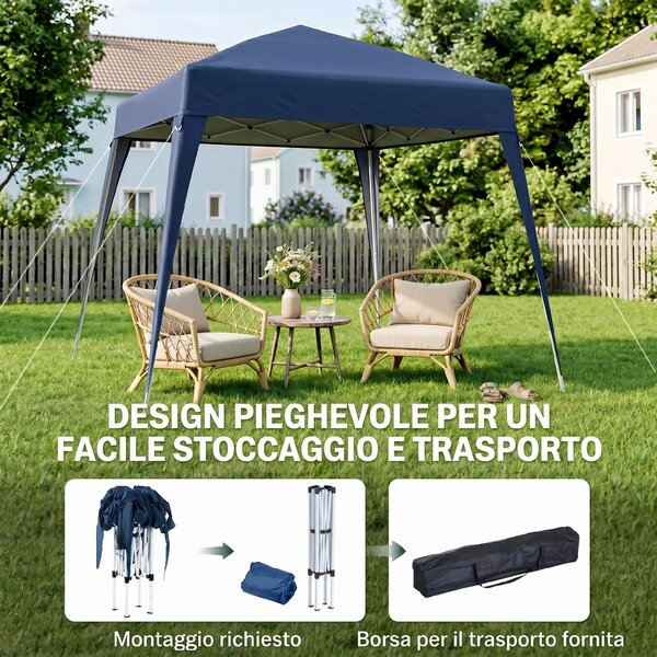 Outsunny Gazebo Pieghevole da Giardino 2.4x2.4m con Struttura in Acciaio e Corde Antivento, Blu