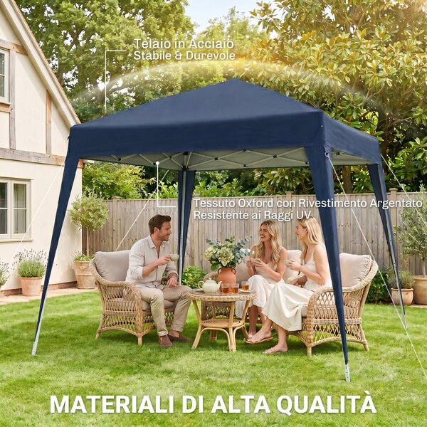 Outsunny Gazebo Pieghevole da Giardino 2.4x2.4m con Struttura in Acciaio e Corde Antivento, Blu