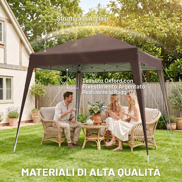 Outsunny Gazebo Pieghevole da Giardino 2.4x2.4m con Struttura in Acciaio e Corde Antivento, Caffè|Aosom
