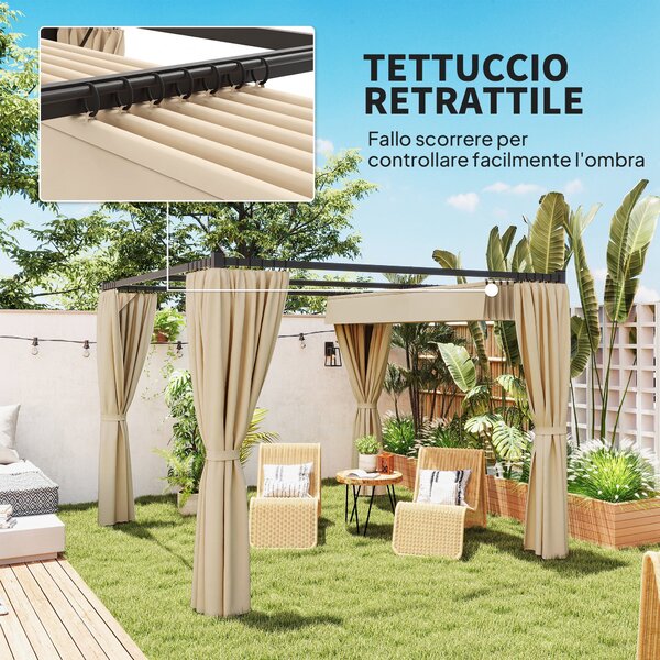 Outsunny Gazebo Pergola 3x3m in Metallo con Tetto Retrattile in PA e Tende Laterali, Pergola da Giardino, Beige|Aosom