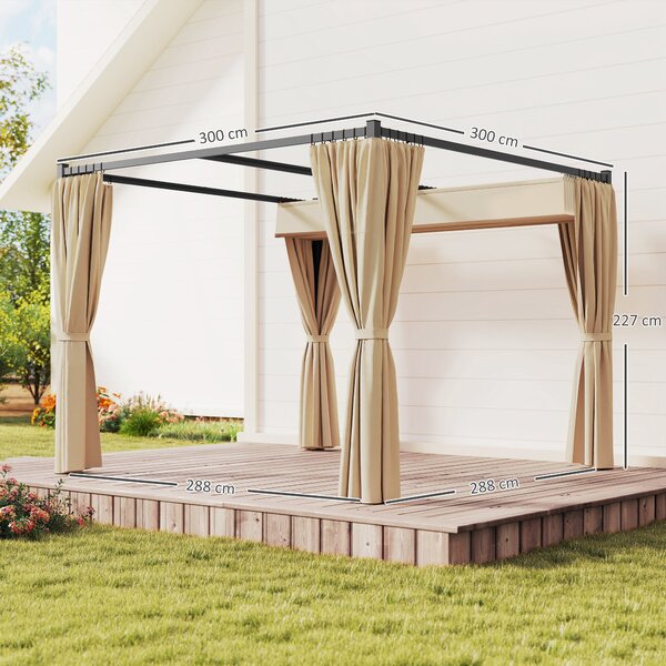 Outsunny Gazebo Pergola 3x3m in Metallo con Tetto Retrattile in PA e Tende Laterali, Pergola da Giardino, Beige|Aosom