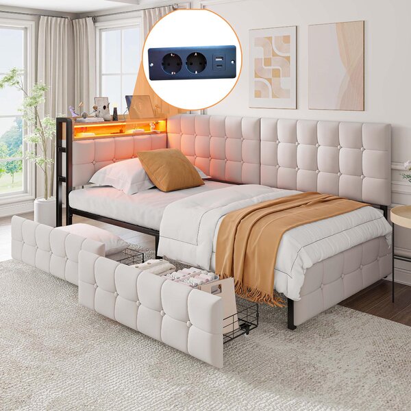 Letto imbottito 90x200 cm, color beige, realizzato in velluto al 100%, divano letto imbottito con 2 cassetti, illuminazione LED e porte USB/Tipo-C, ideale per la camera da letto