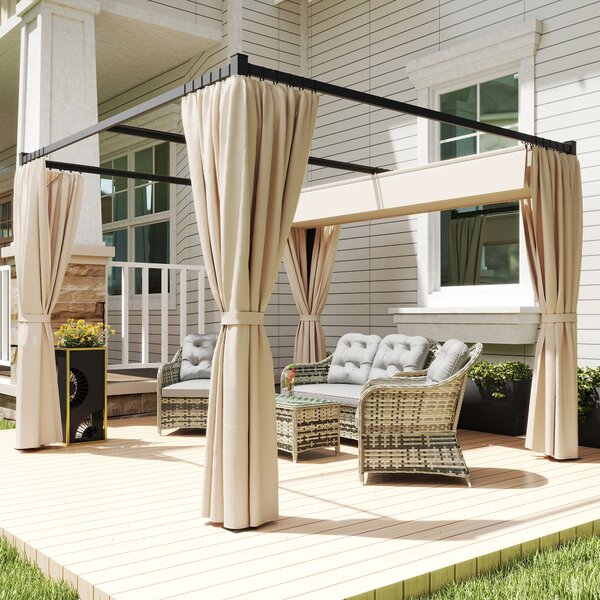 Outsunny Gazebo Pergola 3x3m in Metallo con Tetto Retrattile in PA e Tende Laterali, Pergola da Giardino, Beige|Aosom