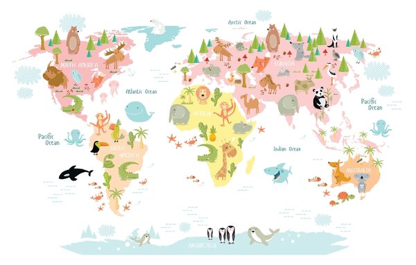 Carta da parati Mappa del mondo con animali, Carta da parati per Bambini, Carta da parati popolare, u32762 - Tapeko.it