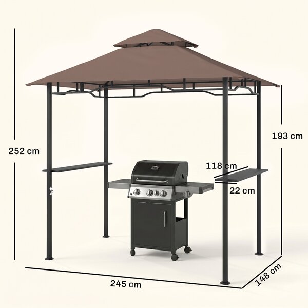 Outsunny – Gazebo Riparo per Barbecue BBQ Tendone da Esterno Doppio Tetto in Poliestere Caffè, 245 x 148cm