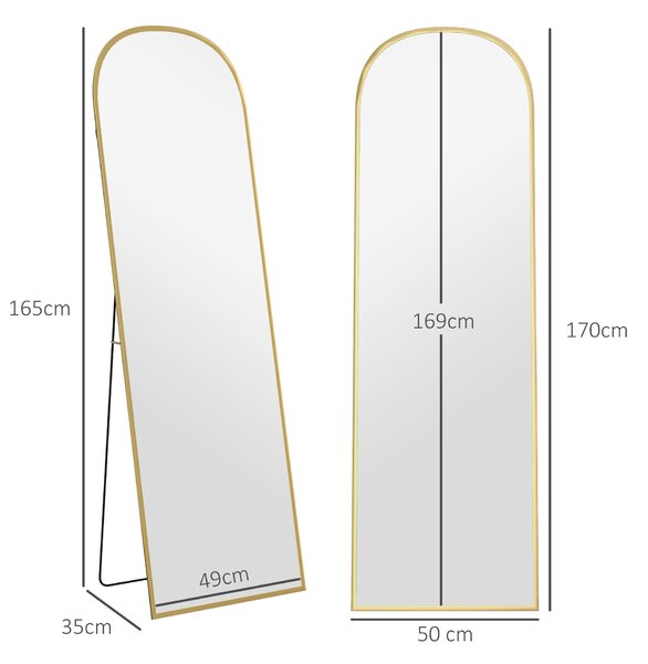 HOMCOM Specchio da Terra e Parete Moderno in Lega di Alluminio con Supporto Pieghevole, 50x170cm, Oro | Aosom Italy